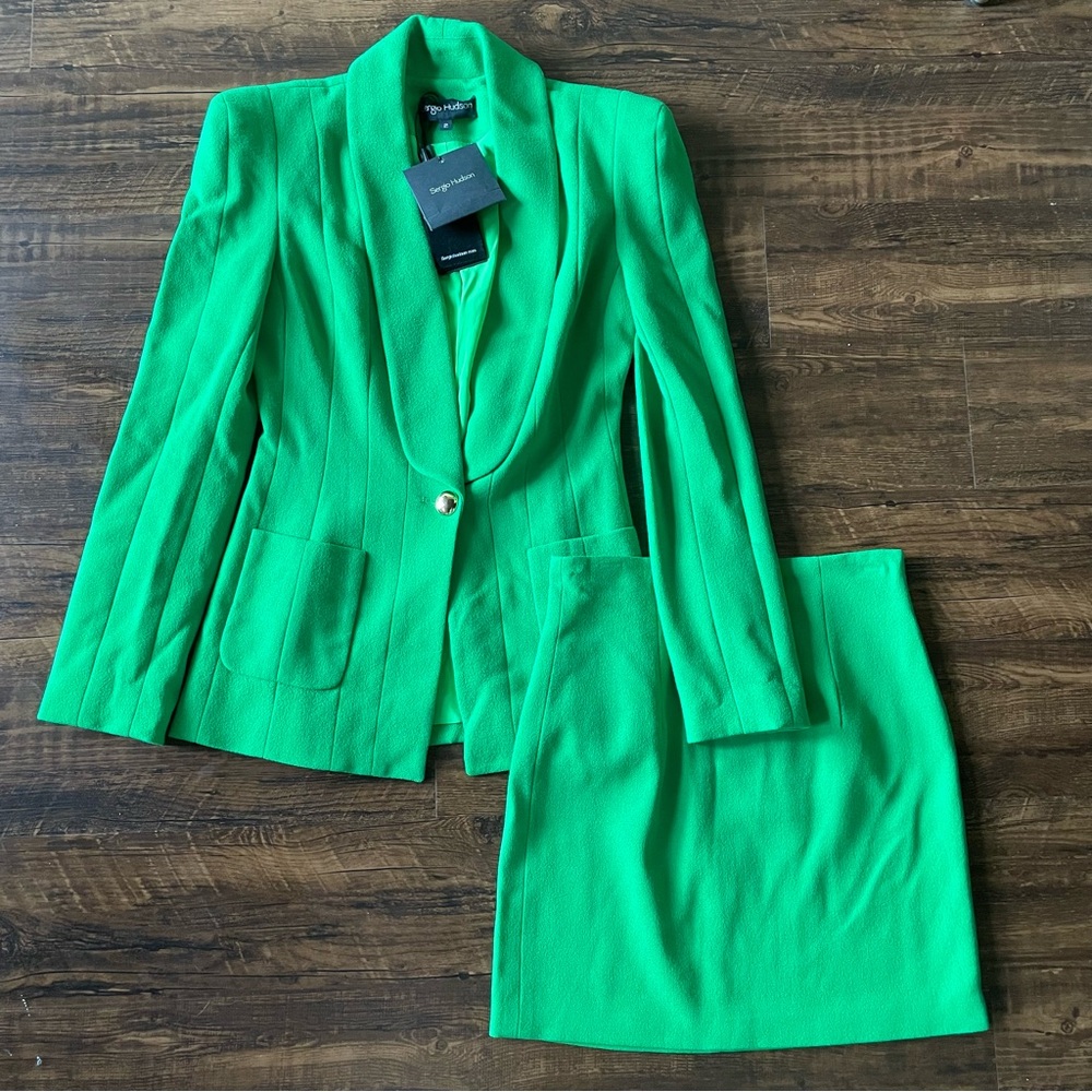 SERGIO HUDSON Stretch-wool crepe Bottega Green blazer and Skirt Suit Set - Picture 3 of 12
